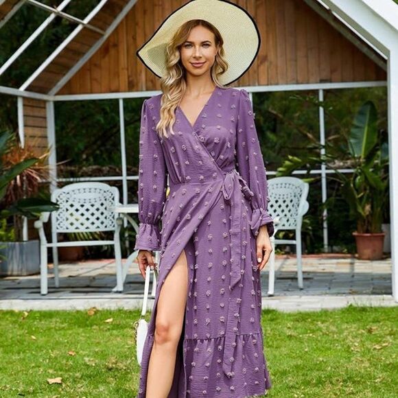 Dressystar Dresses & Skirts - Women's Long Sleeve Wrap V Neck Ruffle Belted A-Line Flowy Boho Maxi Dress Small